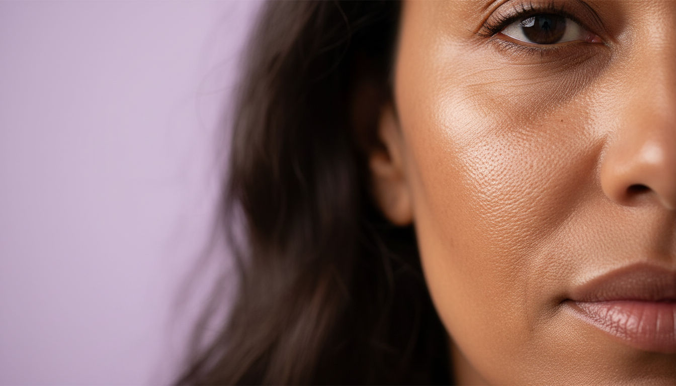 Macro da pele luminosa após double cleansing ritual japonês, fundo lilás — Kokeshi