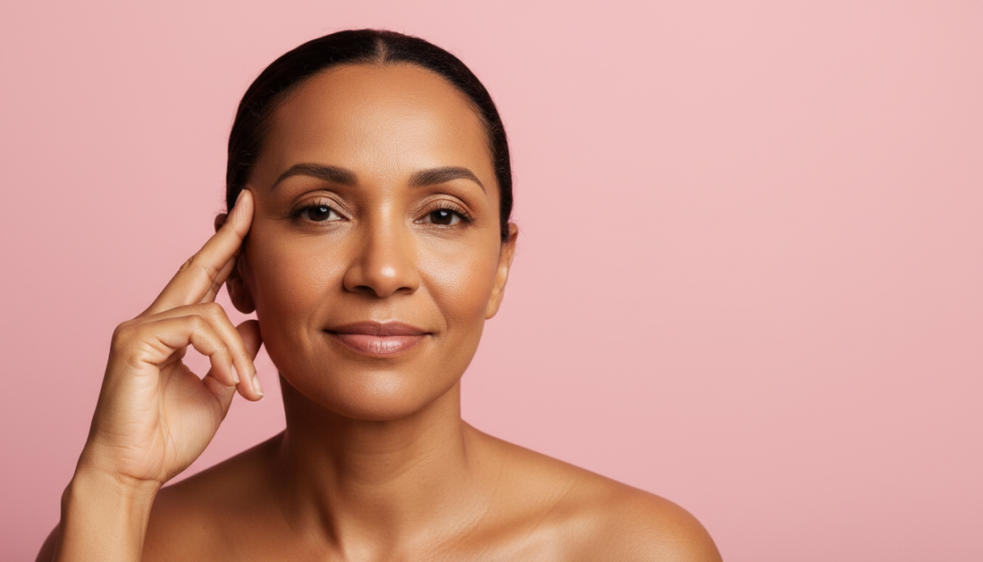 Mulher brasileira com expressão sábia desvendando mitos de skincare, fundo rosa pastel — Kokeshi