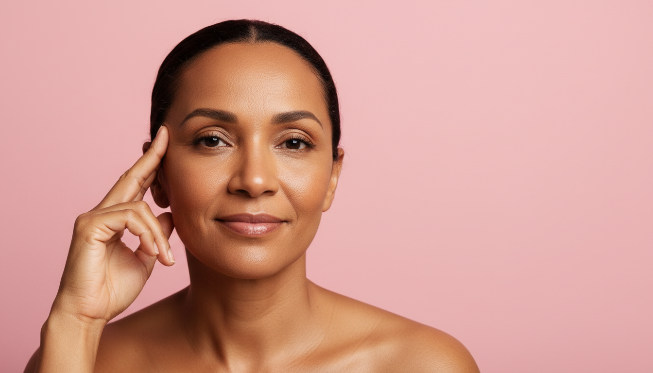 Mulher brasileira com expressão sábia desvendando mitos de skincare, fundo rosa pastel — Kokeshi