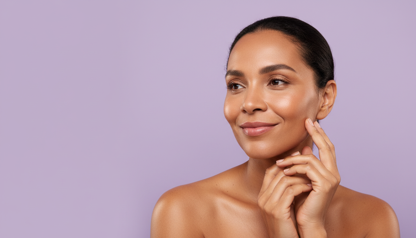 Mulher brasileira com pele de porcelana radiante após rotina J-beauty, fundo lilás — Kokeshi