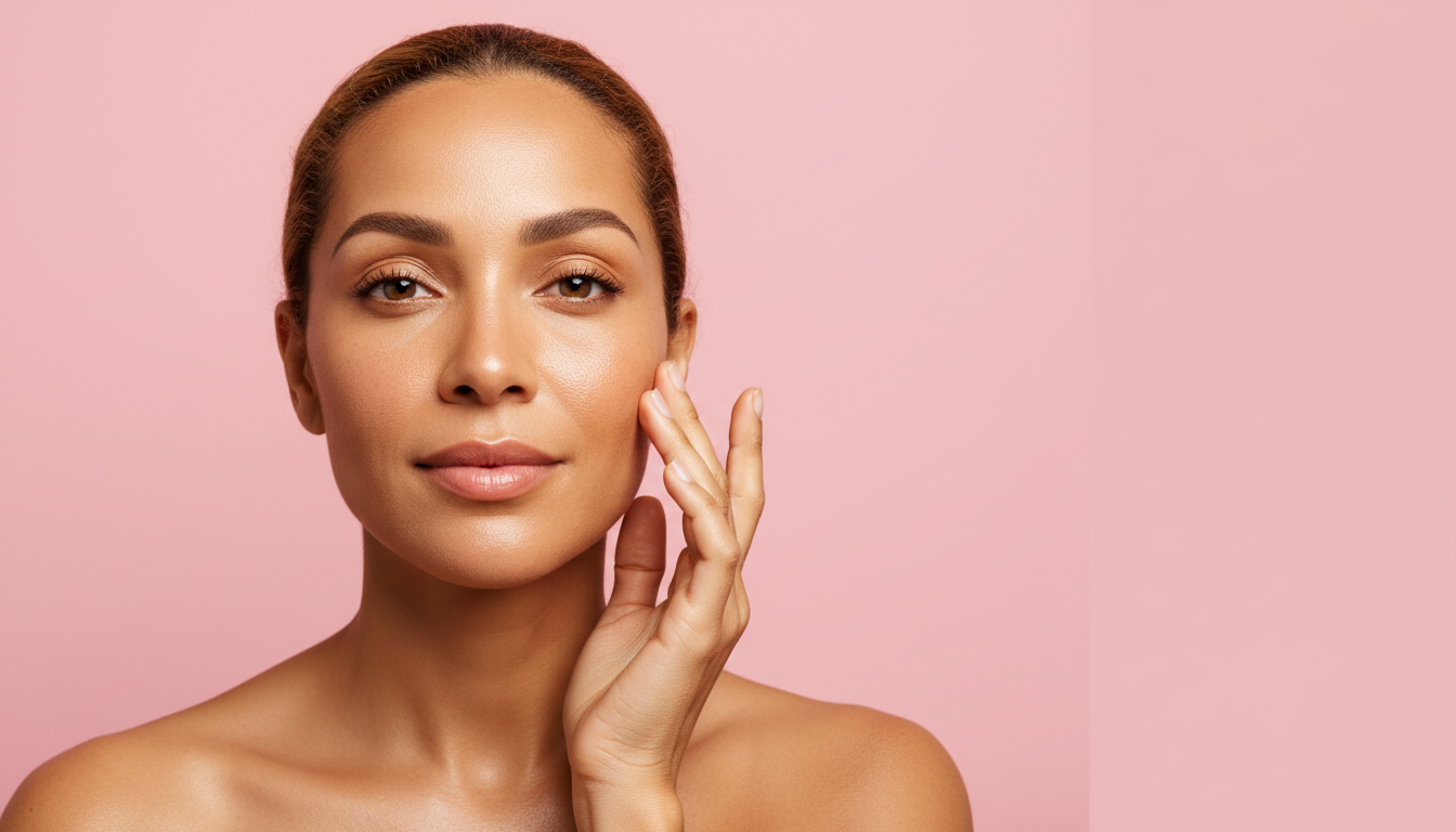 Mulher brasileira com pele glass-skin radiante após sérum de arroz, fundo rosa pastel — Kokeshi
