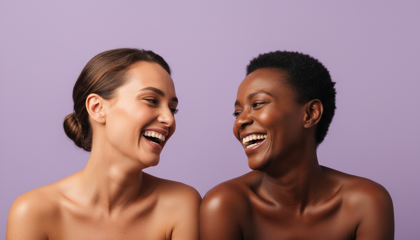 Duas mulheres brasileiras de etnias diferentes sorrindo juntas, fundo lilás — Kokeshi chá verde e sálvia