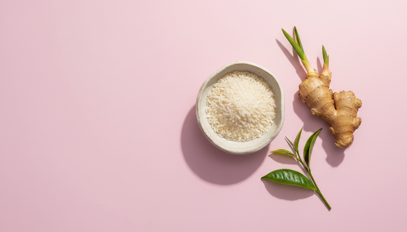 Flat lay com arroz, gengibre e chá verde — ingredientes orientais do skincare Kokeshi, fundo rosa pastel