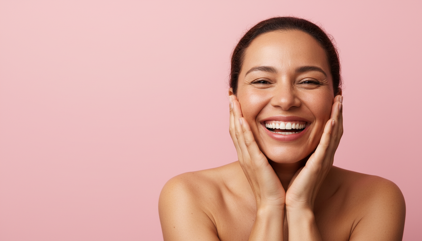 Mulher brasileira sorrindo após rotina de skincare com layering de ativos, fundo rosa pastel — Kokeshi