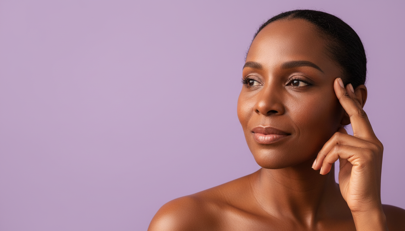 Mulher brasileira confiante escolhendo seu sérum facial, fundo lilás — Kokeshi