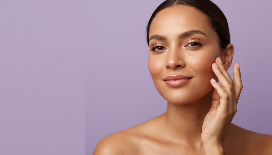 Mulher brasileira madura aplicando skincare, pele com viço natural, fundo lilás pastel — rotina Kokeshi para pele oleosa com niacinamida