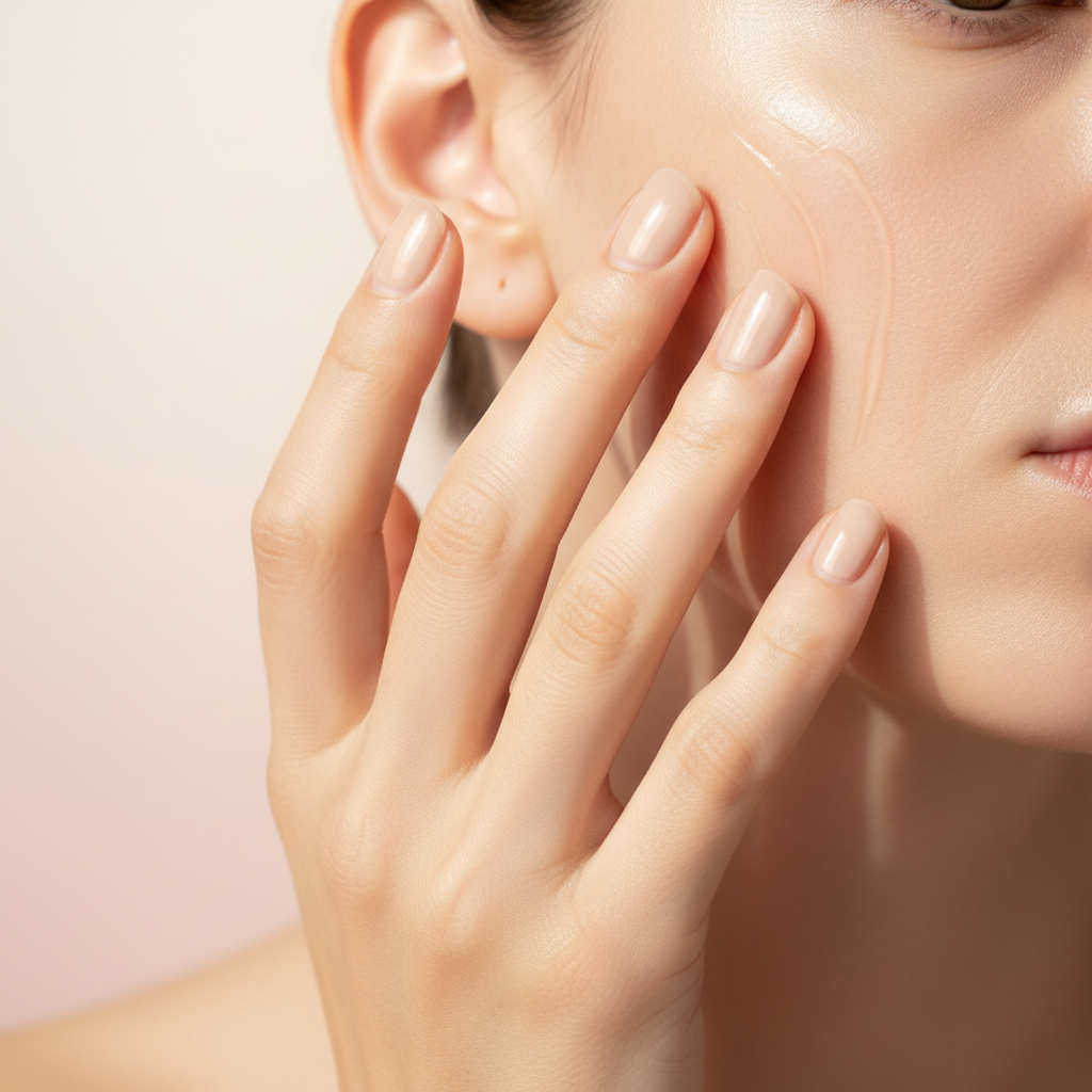 Aplicação do Creme Gel Gota de Colágeno Kokeshi — mãos com movimento ascendente firmador