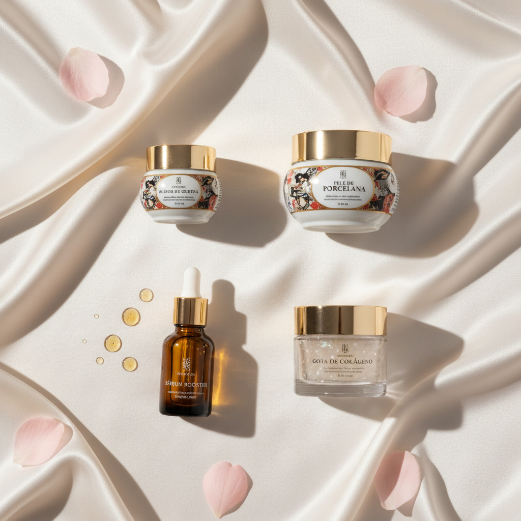 Kit Pele Firme Hidratada Iluminada - como usar flatlay
