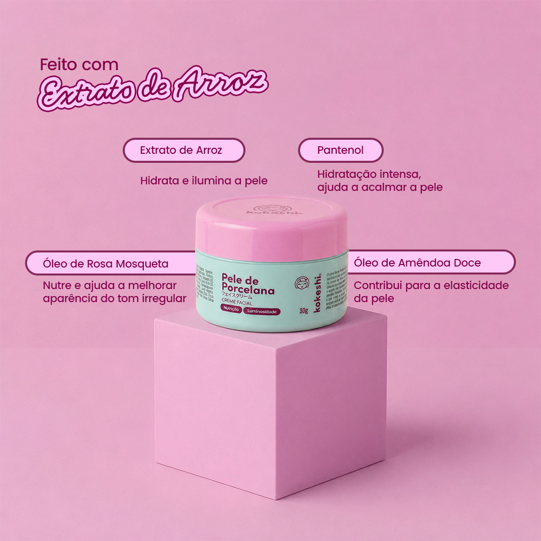 Ativos do hidratante facial Pele de Porcelana Kokeshi