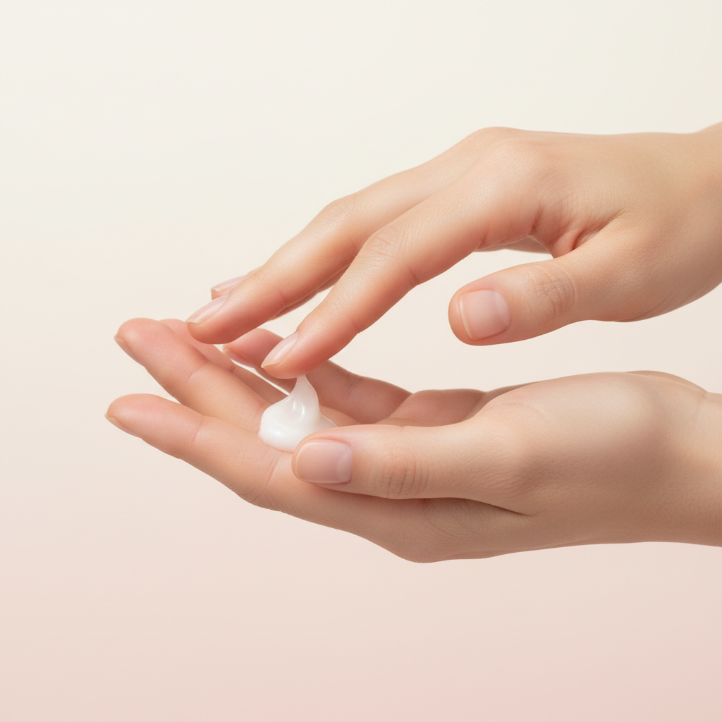 Aplicação do Hidratante Facial Pele de Porcelana — textura cremosa entre os dedos